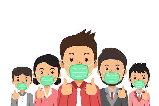 Covid-19 virus protection concept people wearing protective face masks illustration in cartoon style for design.