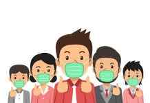 Covid-19 virus protection concept people wearing protective face masks illustration in cartoon style for design.